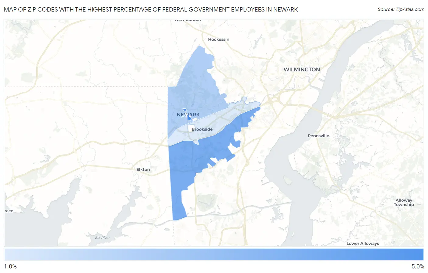 Zip Codes with the Highest Percentage of Federal Government Employees in Newark Map