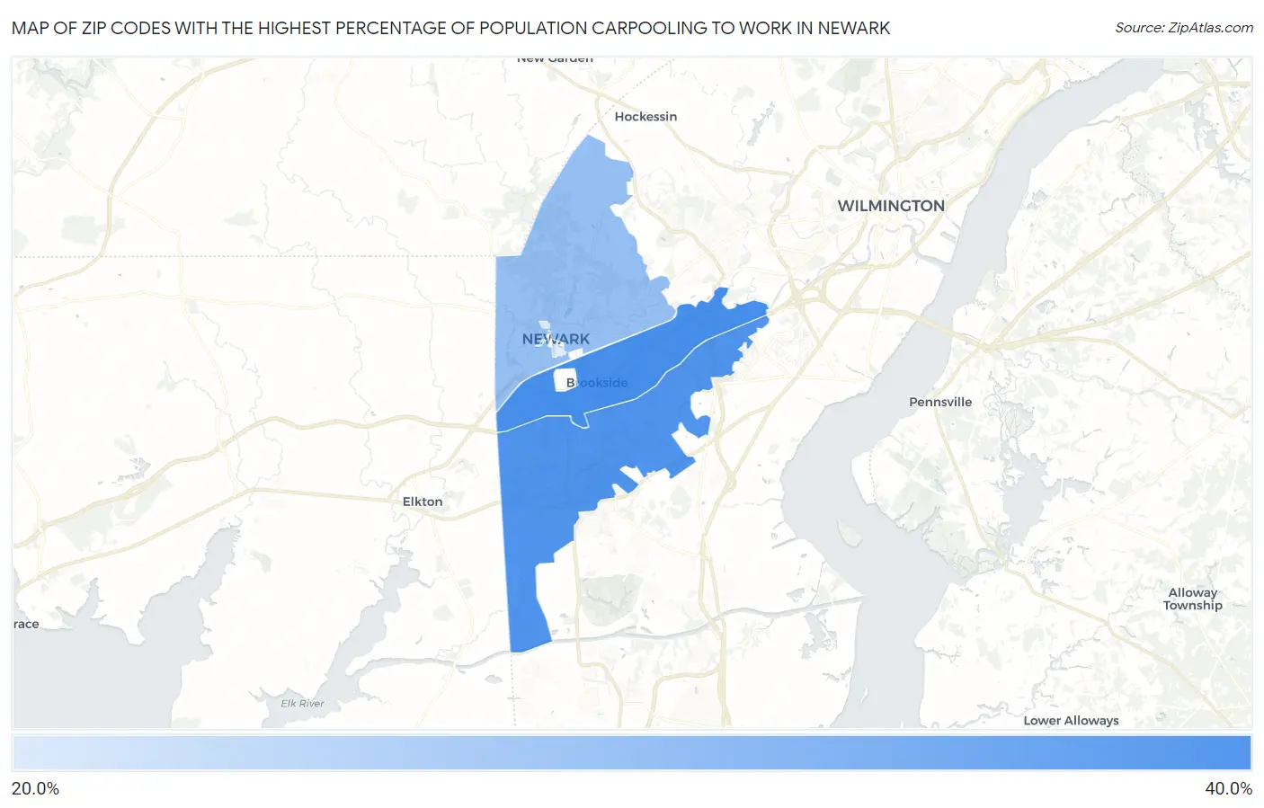 Zip Codes with the Highest Percentage of Population Carpooling to Work in Newark Map