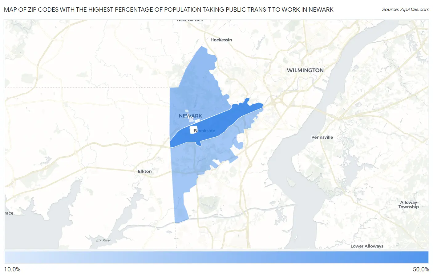 Zip Codes with the Highest Percentage of Population Taking Public Transit to Work in Newark Map