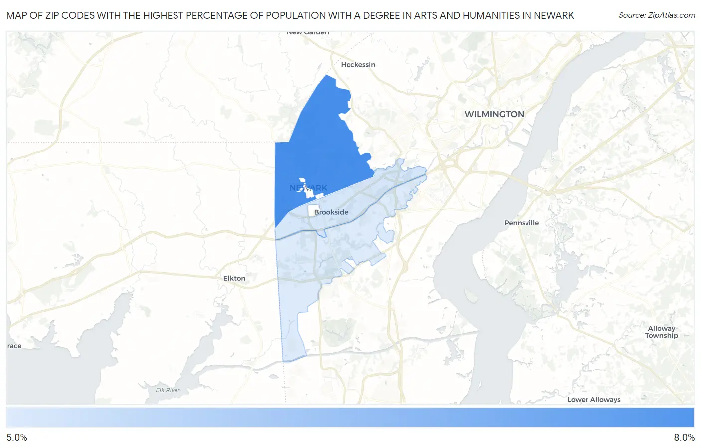 Zip Codes with the Highest Percentage of Population with a Degree in Arts and Humanities in Newark Map