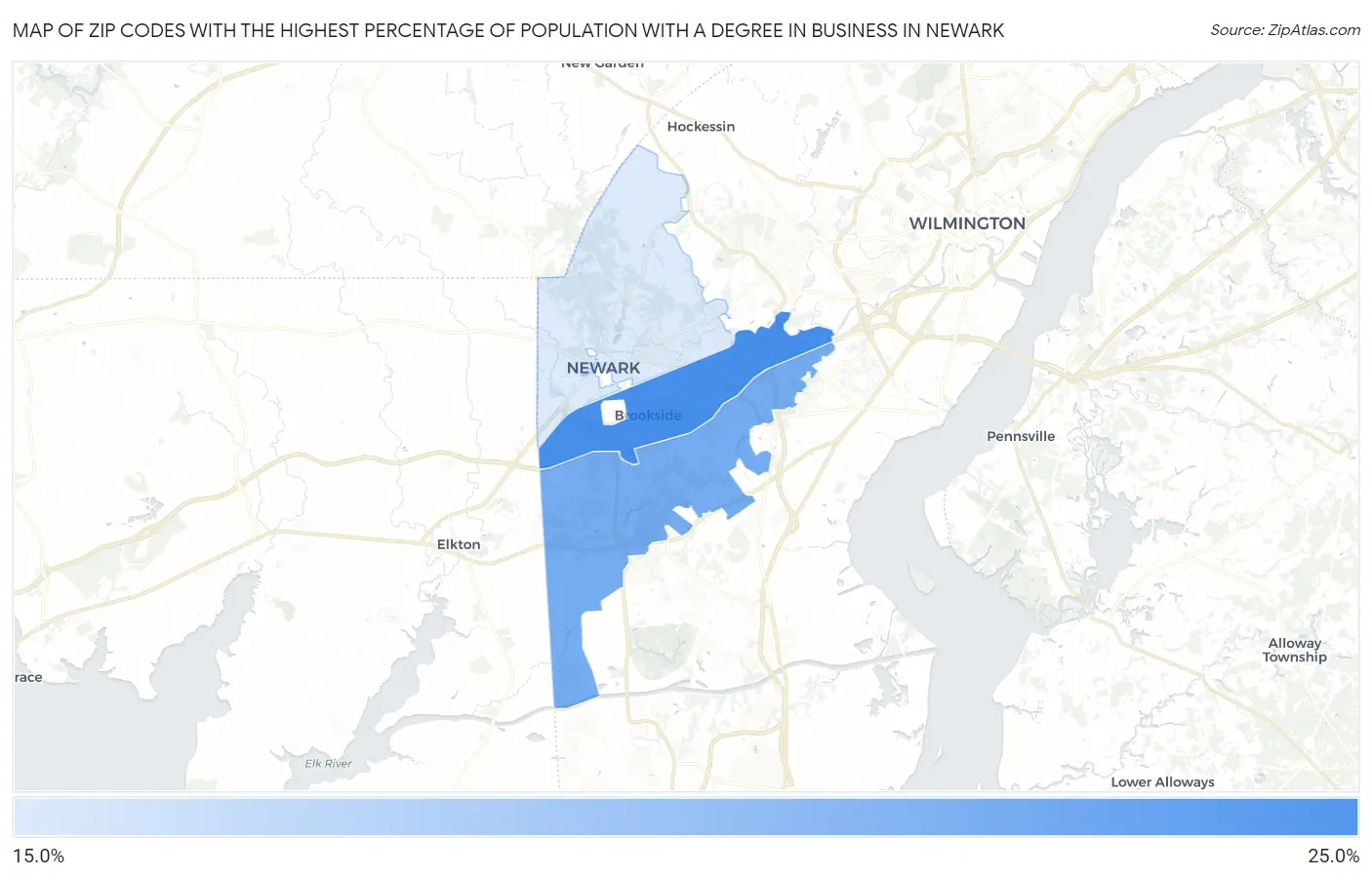 Zip Codes with the Highest Percentage of Population with a Degree in Business in Newark Map
