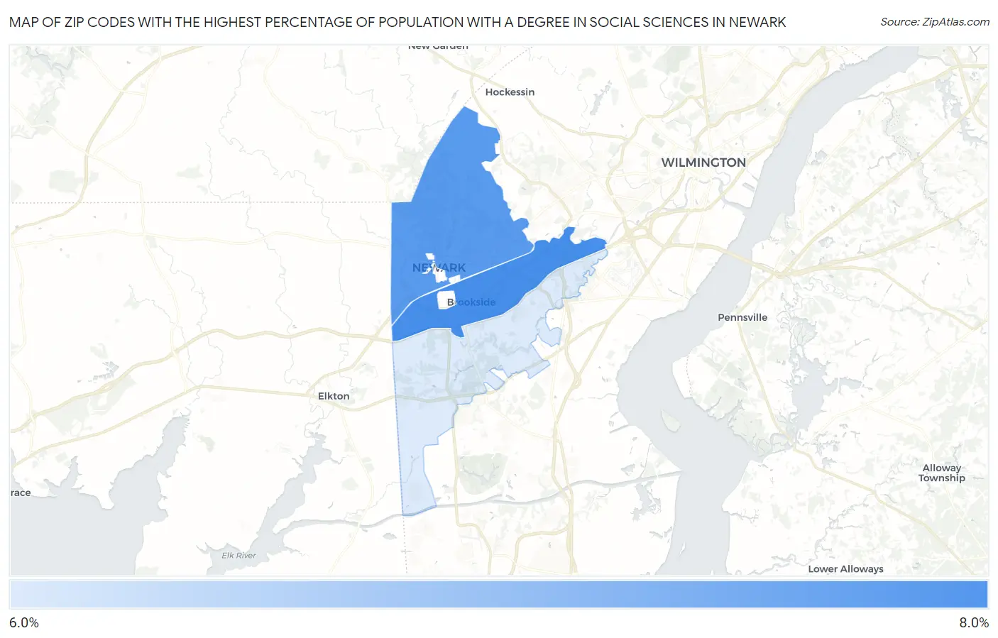 Zip Codes with the Highest Percentage of Population with a Degree in Social Sciences in Newark Map