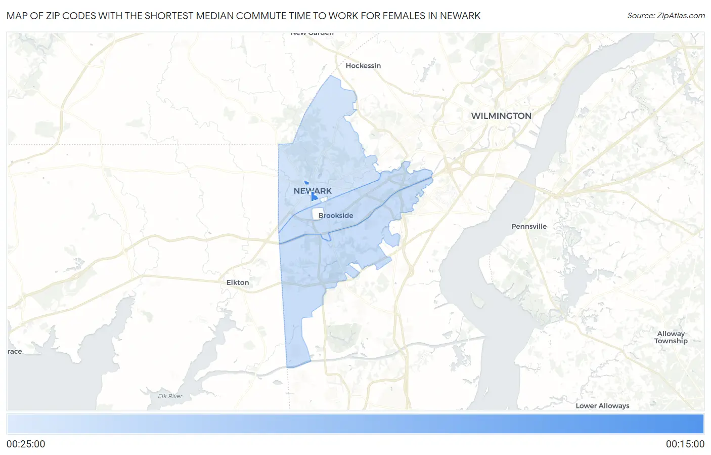 Zip Codes with the Shortest Median Commute Time to Work for Females in Newark Map