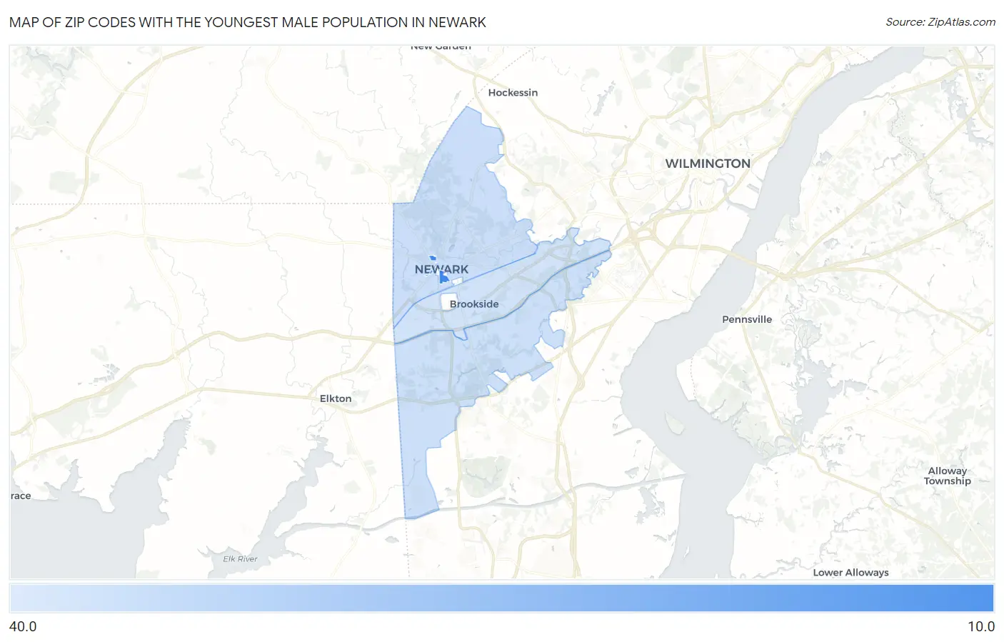 Zip Codes with the Youngest Male Population in Newark Map