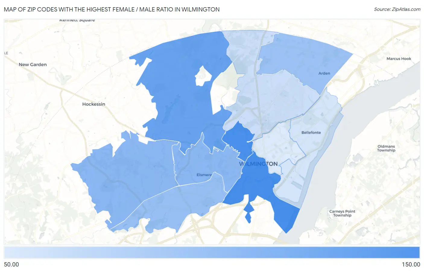 Zip Codes with the Highest Female / Male Ratio in Wilmington Map