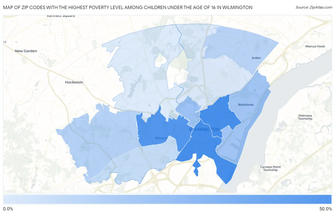 Zip Codes with the Highest Poverty Level Among Children Under the Age of 16 in Wilmington Map