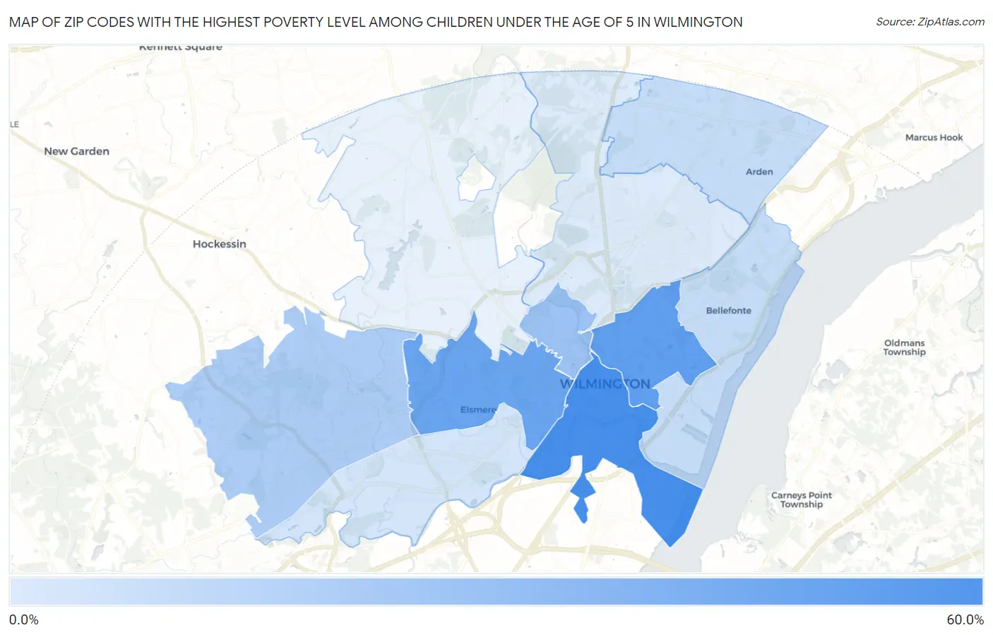 Zip Codes with the Highest Poverty Level Among Children Under the Age of 5 in Wilmington Map