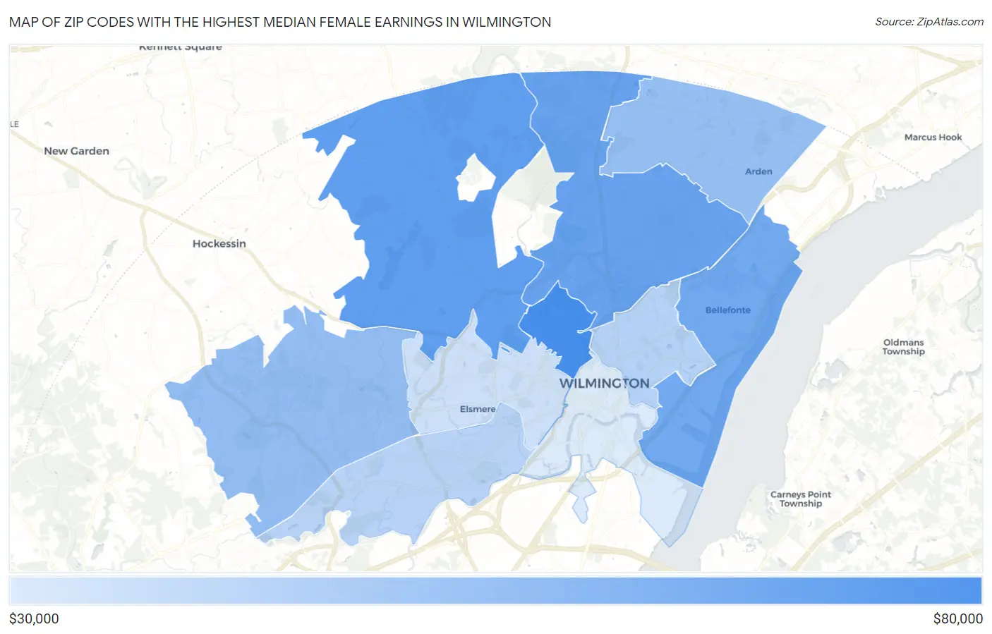 Zip Codes with the Highest Median Female Earnings in Wilmington Map