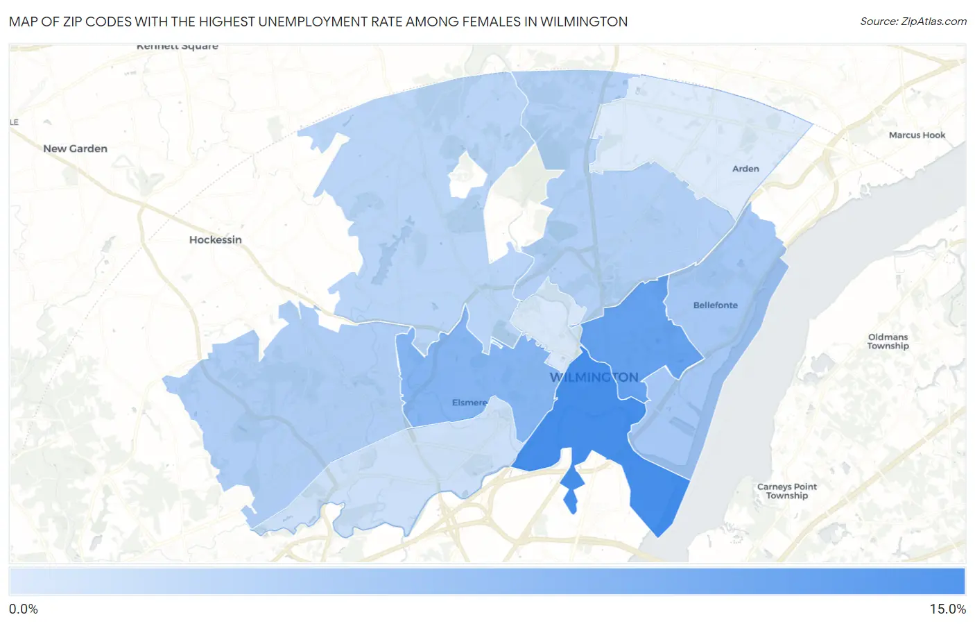 Zip Codes with the Highest Unemployment Rate Among Females in Wilmington Map