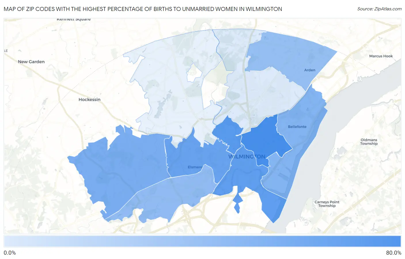 Zip Codes with the Highest Percentage of Births to Unmarried Women in Wilmington Map