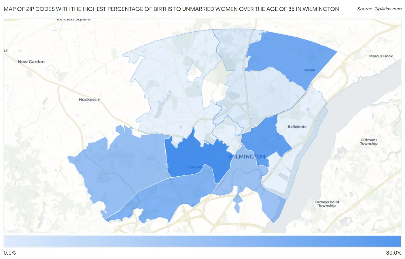 Zip Codes with the Highest Percentage of Births to Unmarried Women over the Age of 35 in Wilmington Map
