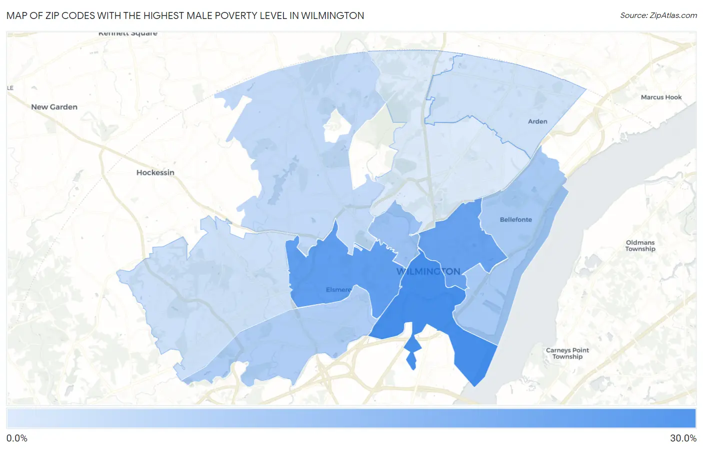 Zip Codes with the Highest Male Poverty Level in Wilmington Map