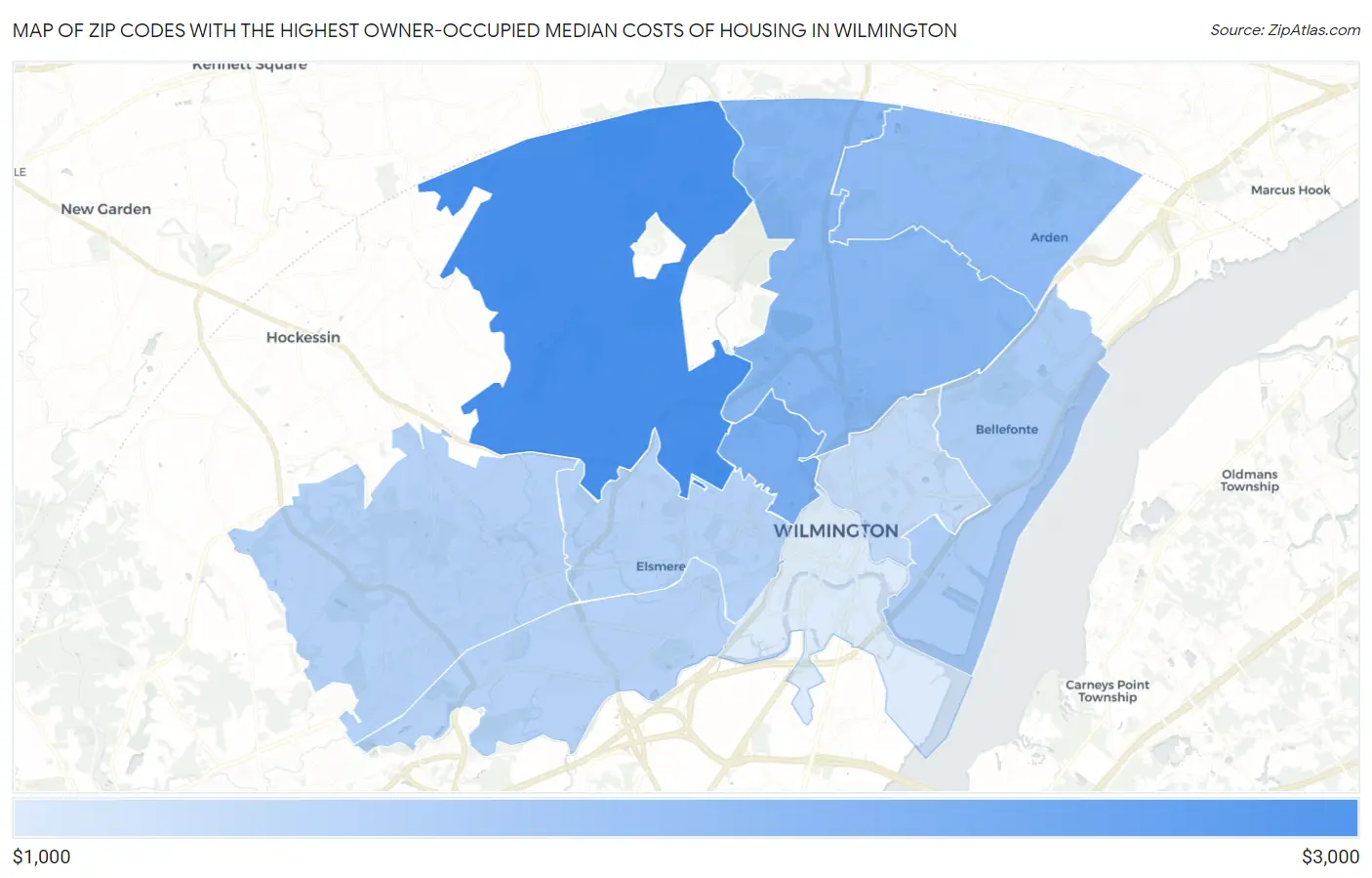 Zip Codes with the Highest Owner-Occupied Median Costs of Housing in Wilmington Map