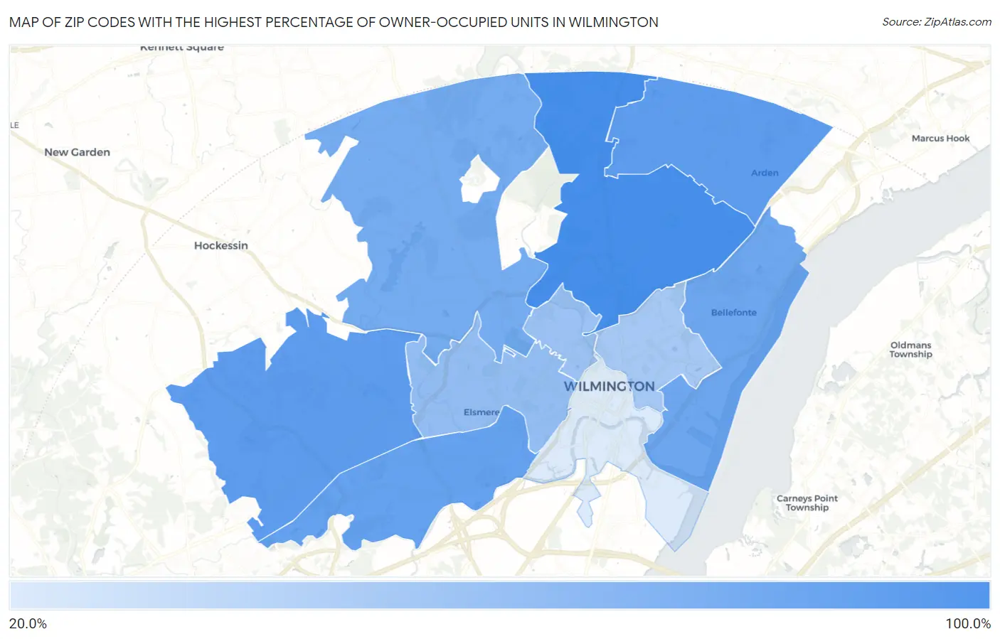 Zip Codes with the Highest Percentage of Owner-Occupied Units in Wilmington Map