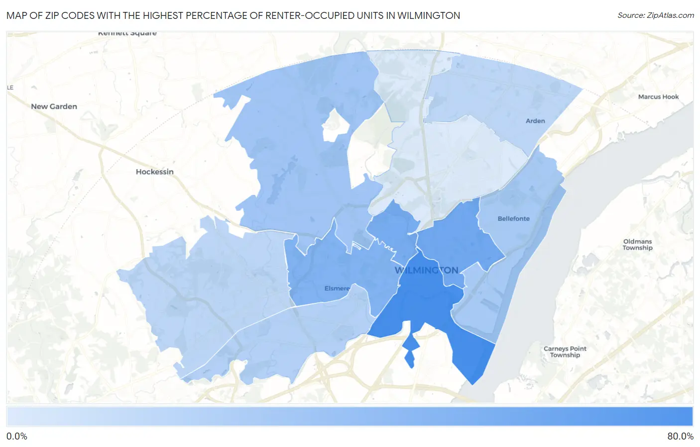 Zip Codes with the Highest Percentage of Renter-Occupied Units in Wilmington Map
