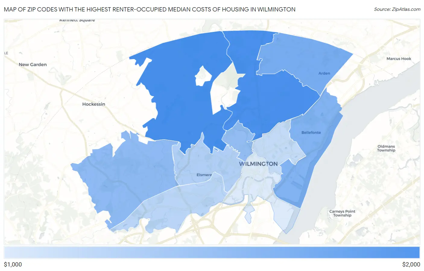 Zip Codes with the Highest Renter-Occupied Median Costs of Housing in Wilmington Map