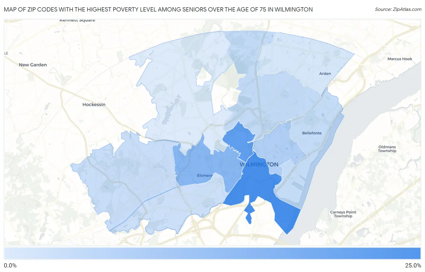 Zip Codes with the Highest Poverty Level Among Seniors Over the Age of 75 in Wilmington Map