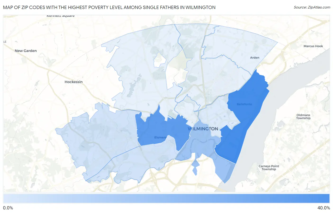 Zip Codes with the Highest Poverty Level Among Single Fathers in Wilmington Map
