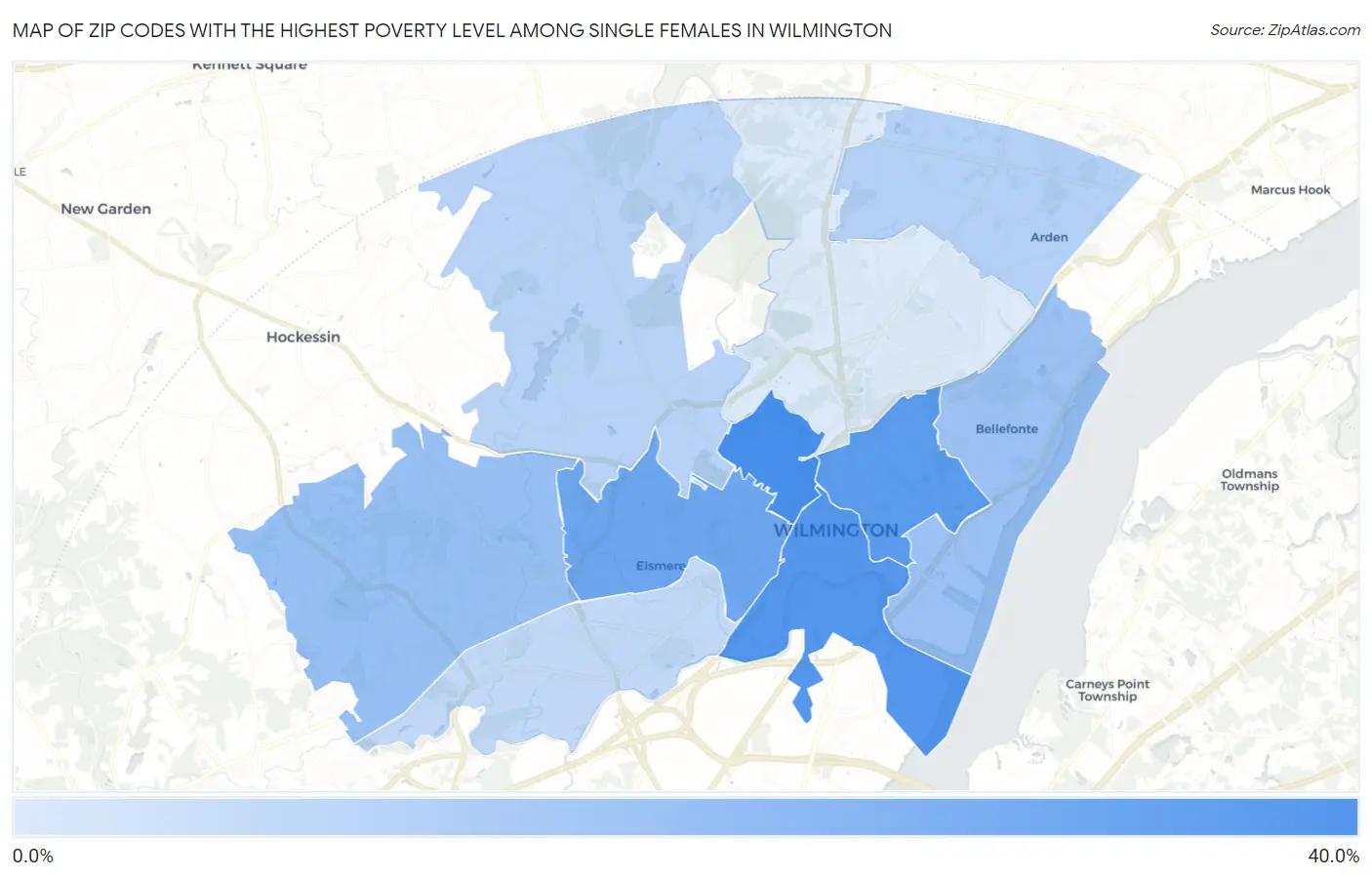 Zip Codes with the Highest Poverty Level Among Single Females in Wilmington Map