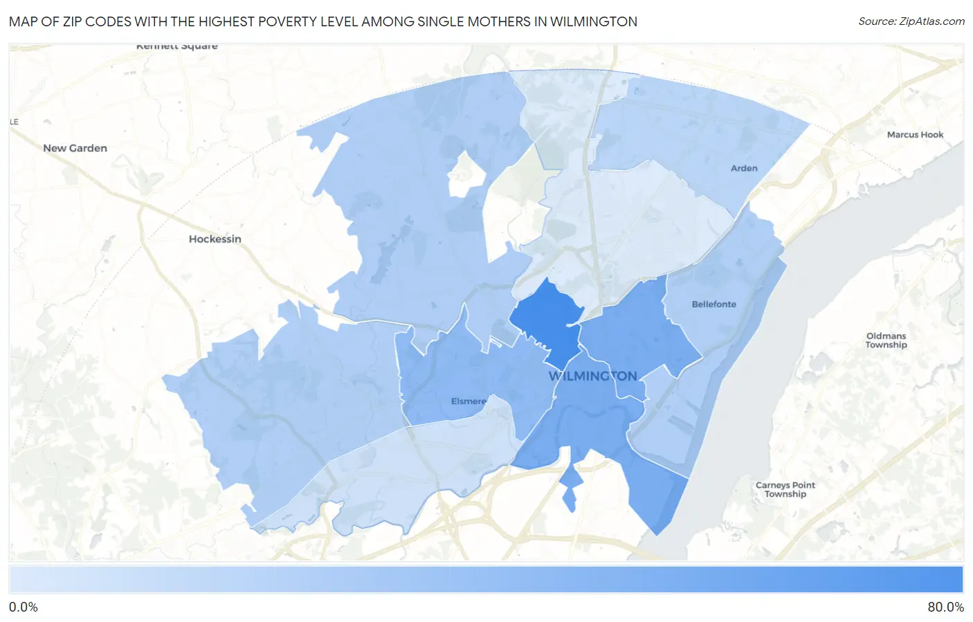 Zip Codes with the Highest Poverty Level Among Single Mothers in Wilmington Map