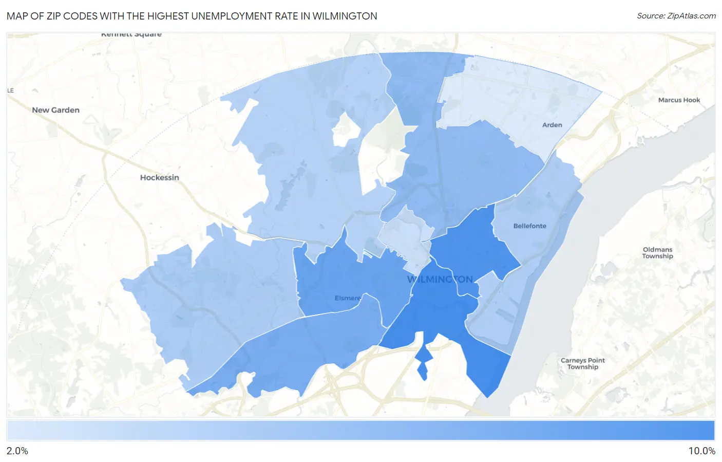 Zip Codes with the Highest Unemployment Rate in Wilmington Map