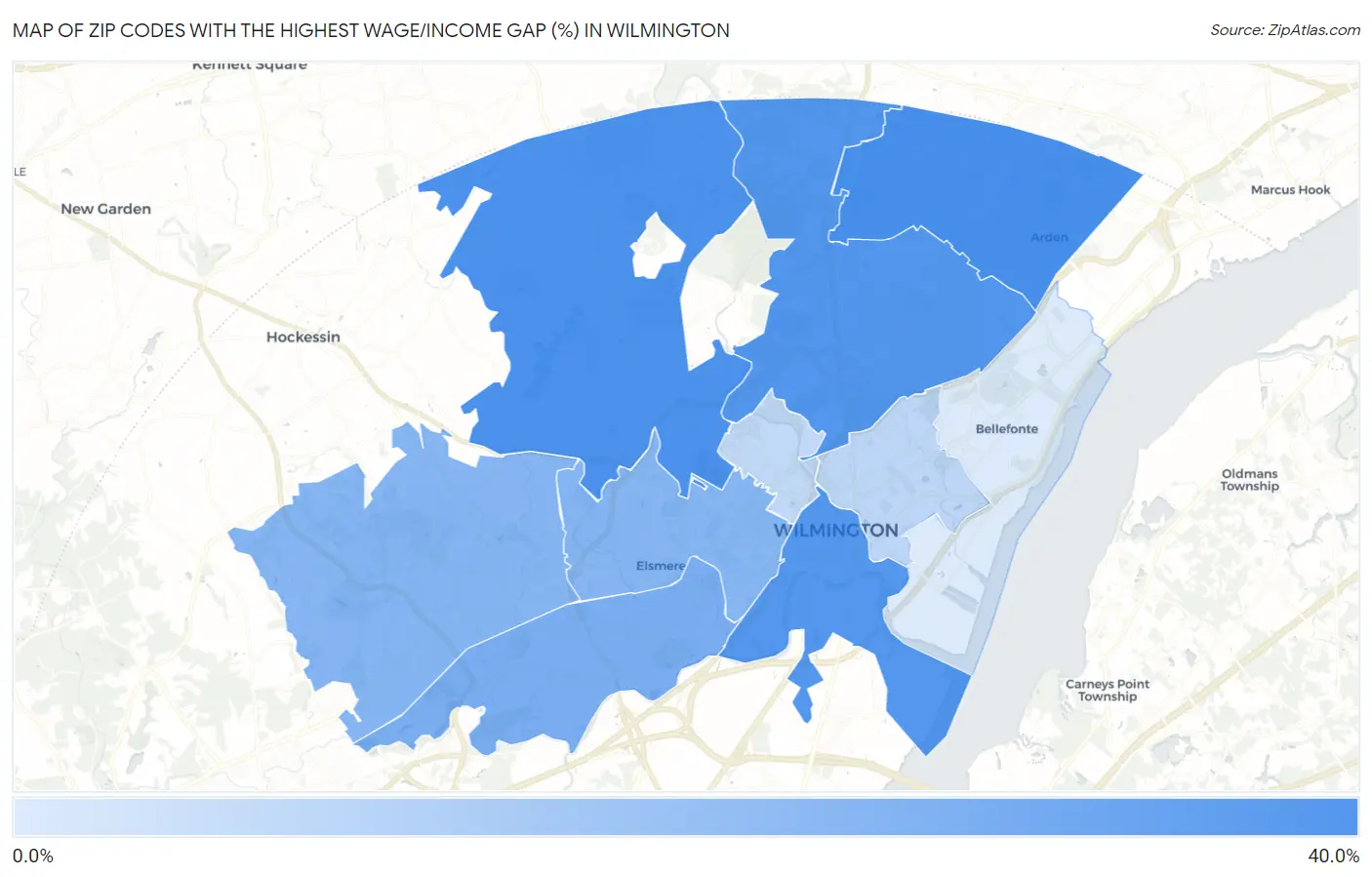 Zip Codes with the Highest Wage/Income Gap (%) in Wilmington Map