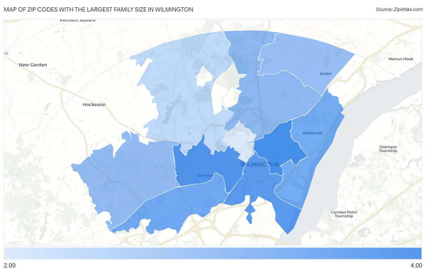 Zip Codes with the Largest Family Size in Wilmington Map