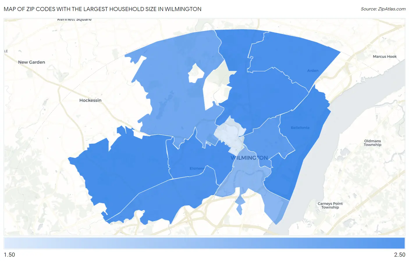 Zip Codes with the Largest Household Size in Wilmington Map