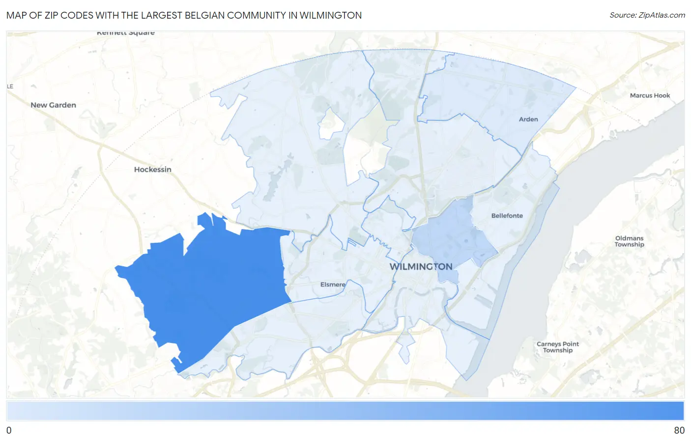 Zip Codes with the Largest Belgian Community in Wilmington Map