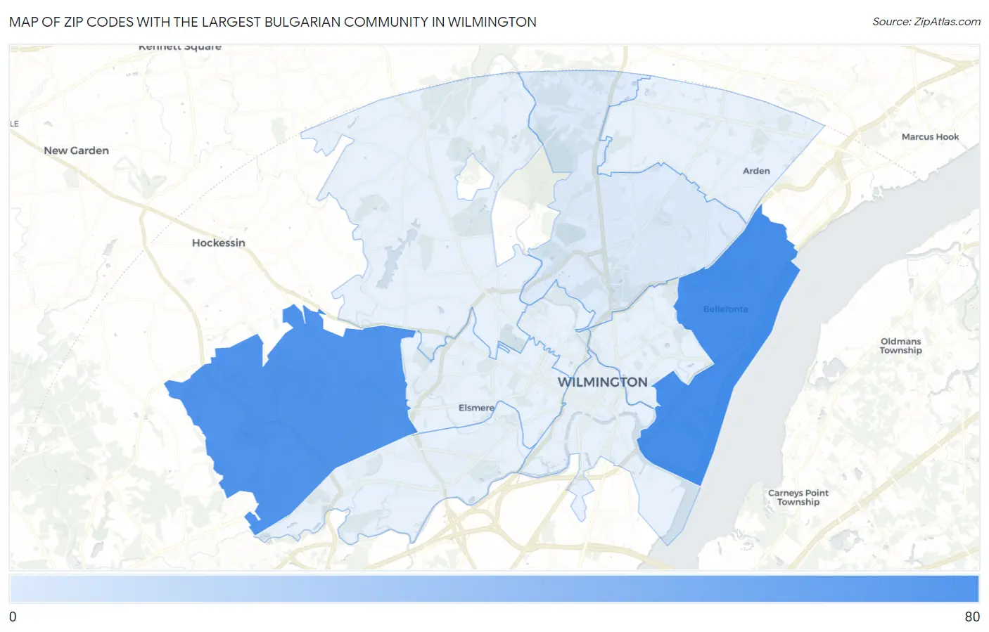 Zip Codes with the Largest Bulgarian Community in Wilmington Map