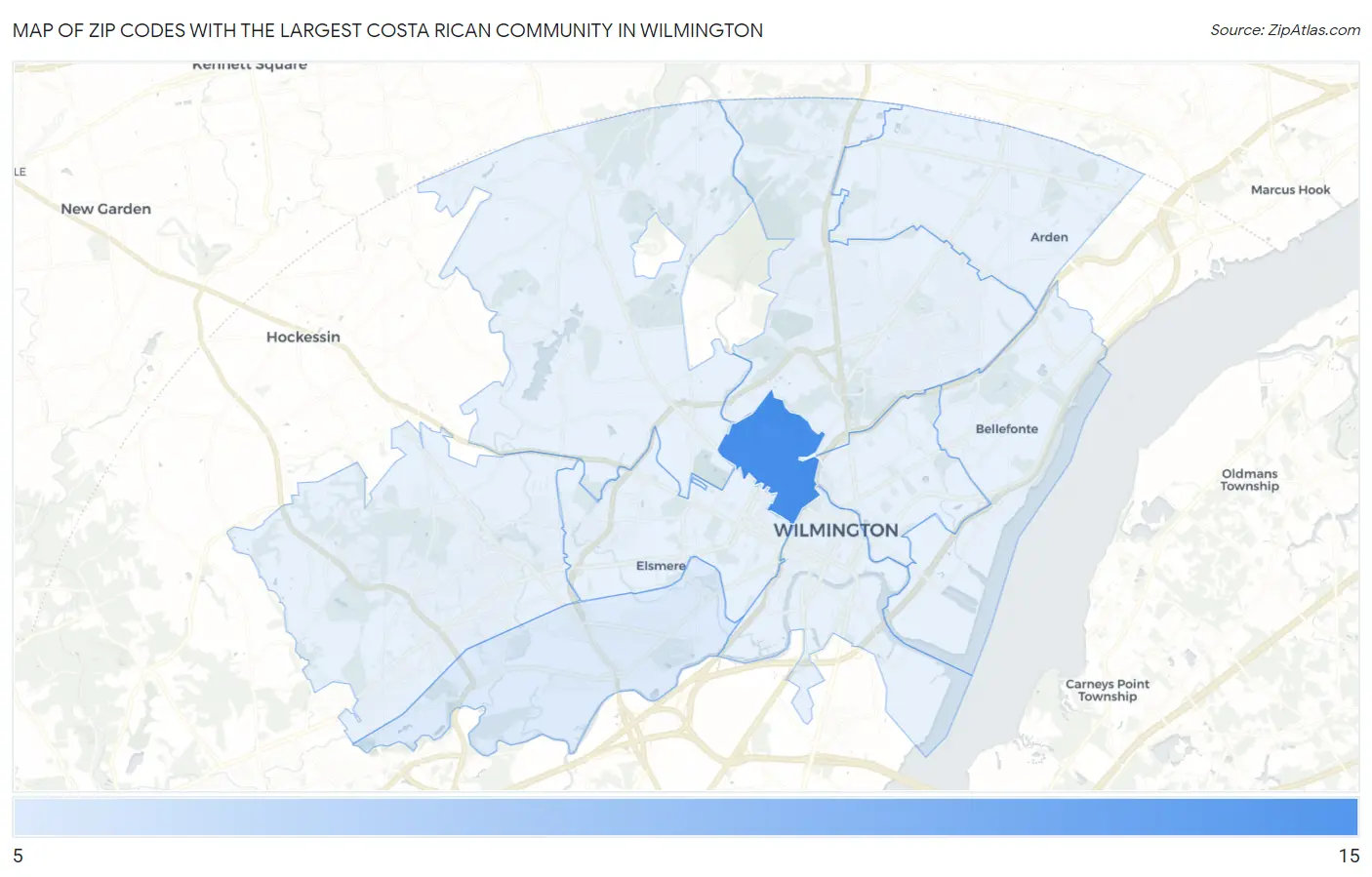 Zip Codes with the Largest Costa Rican Community in Wilmington Map