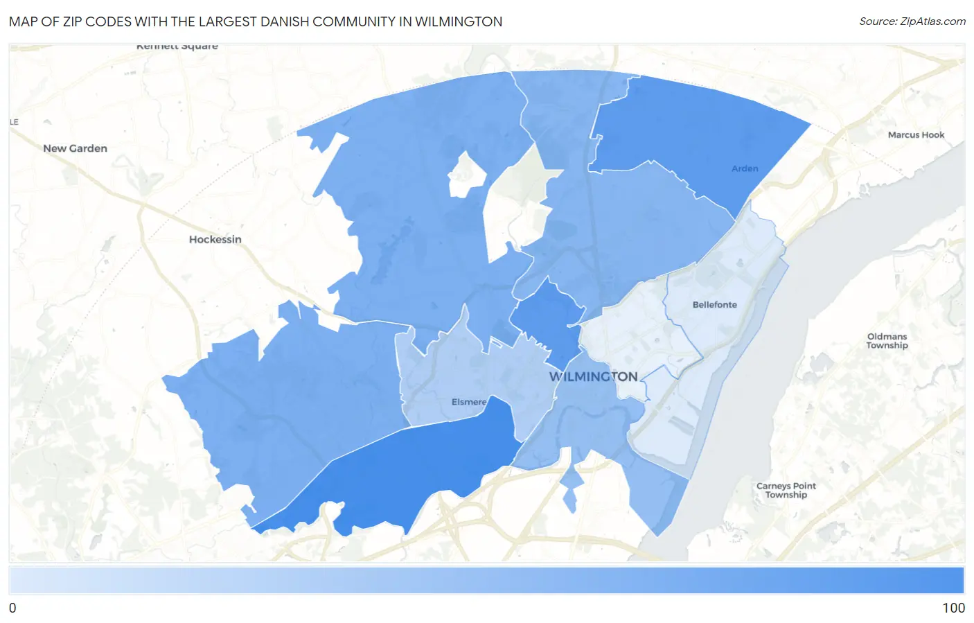 Zip Codes with the Largest Danish Community in Wilmington Map