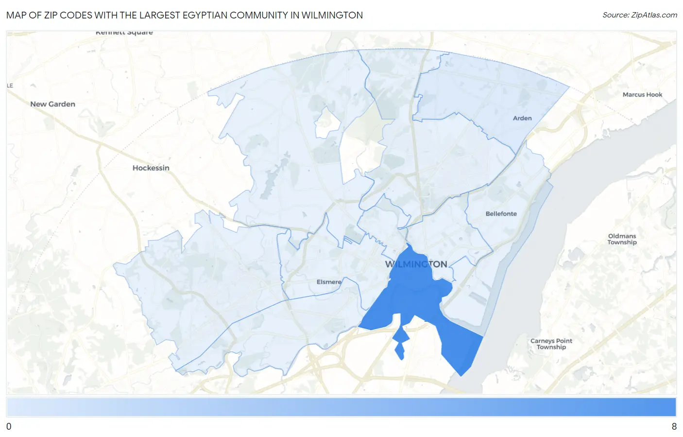 Zip Codes with the Largest Egyptian Community in Wilmington Map