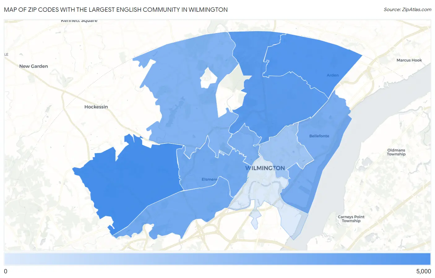 Zip Codes with the Largest English Community in Wilmington Map