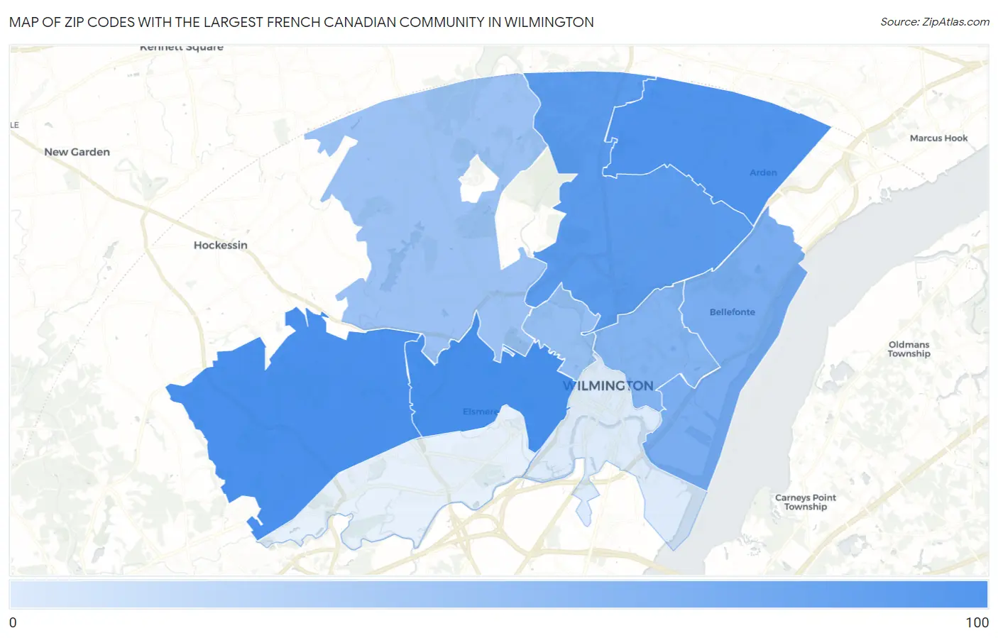 Zip Codes with the Largest French Canadian Community in Wilmington Map