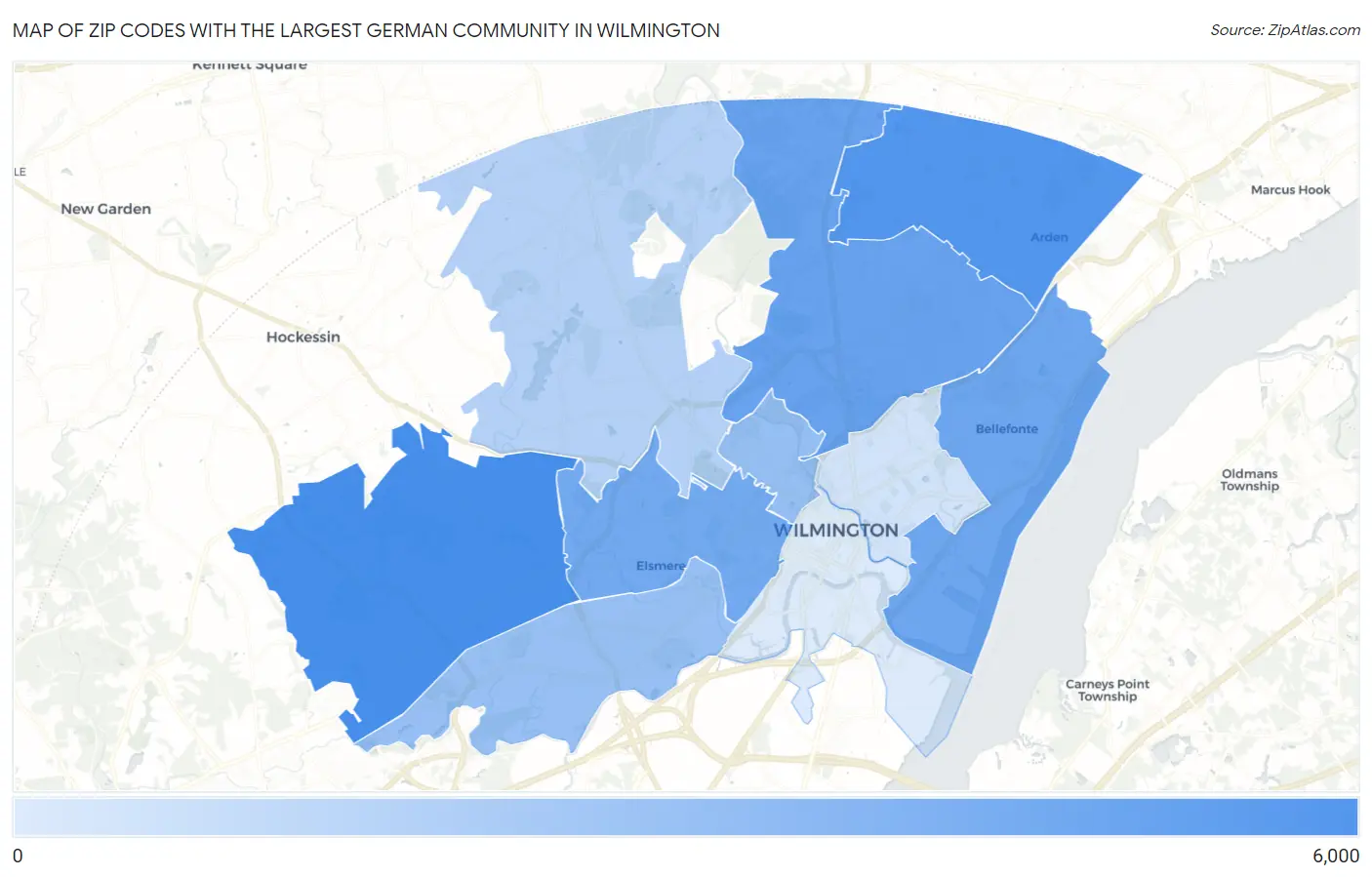 Zip Codes with the Largest German Community in Wilmington Map