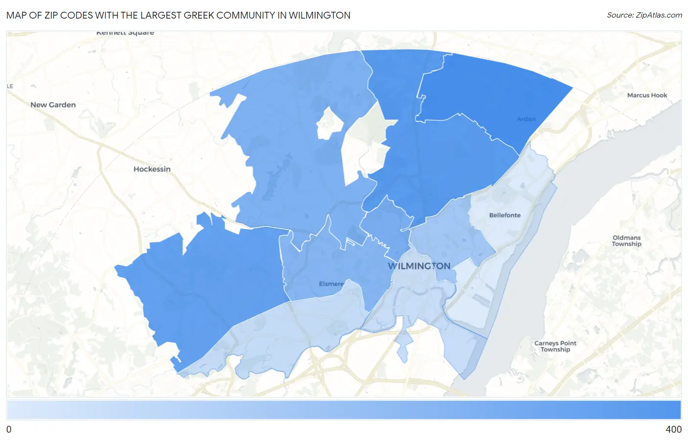 Zip Codes with the Largest Greek Community in Wilmington Map