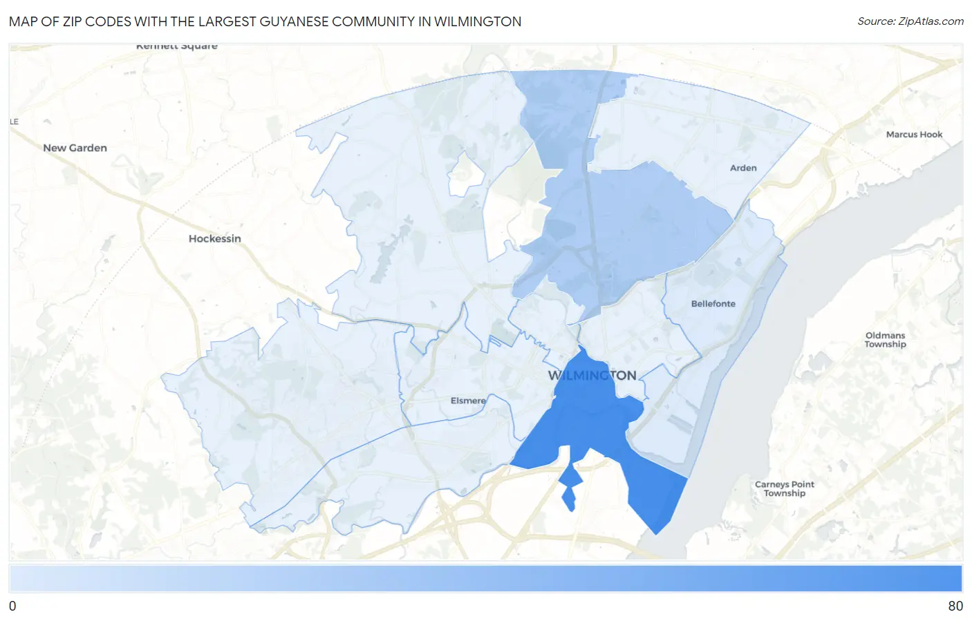Zip Codes with the Largest Guyanese Community in Wilmington Map