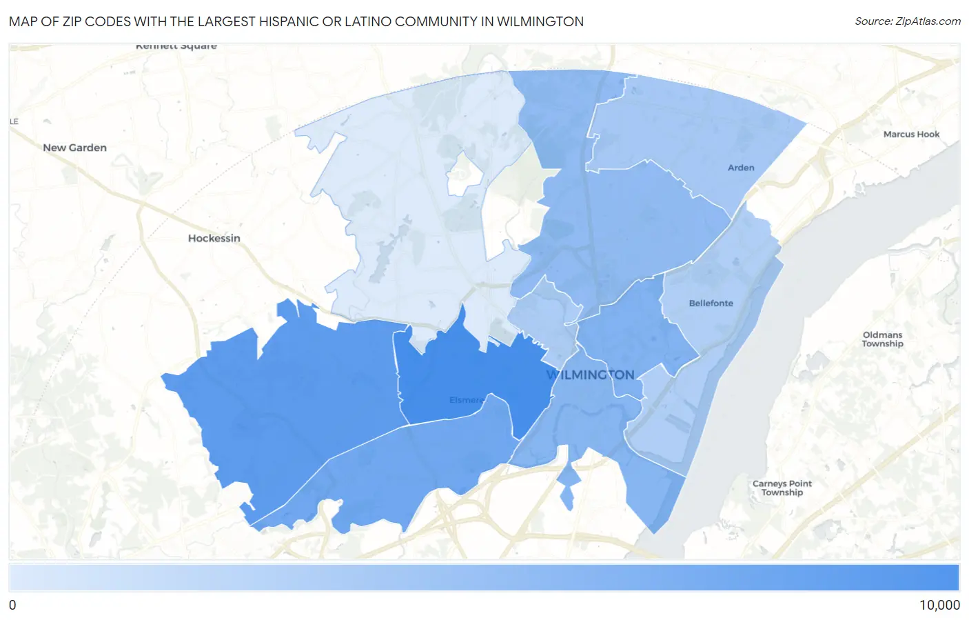 Zip Codes with the Largest Hispanic or Latino Community in Wilmington Map