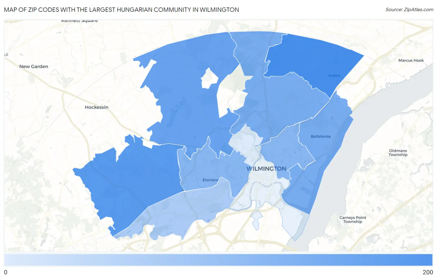 Zip Codes with the Largest Hungarian Community in Wilmington Map