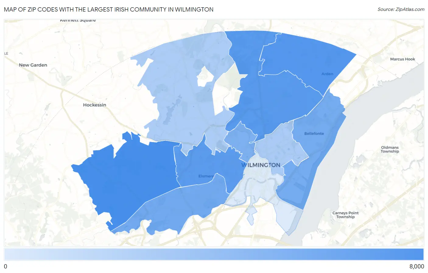 Zip Codes with the Largest Irish Community in Wilmington Map