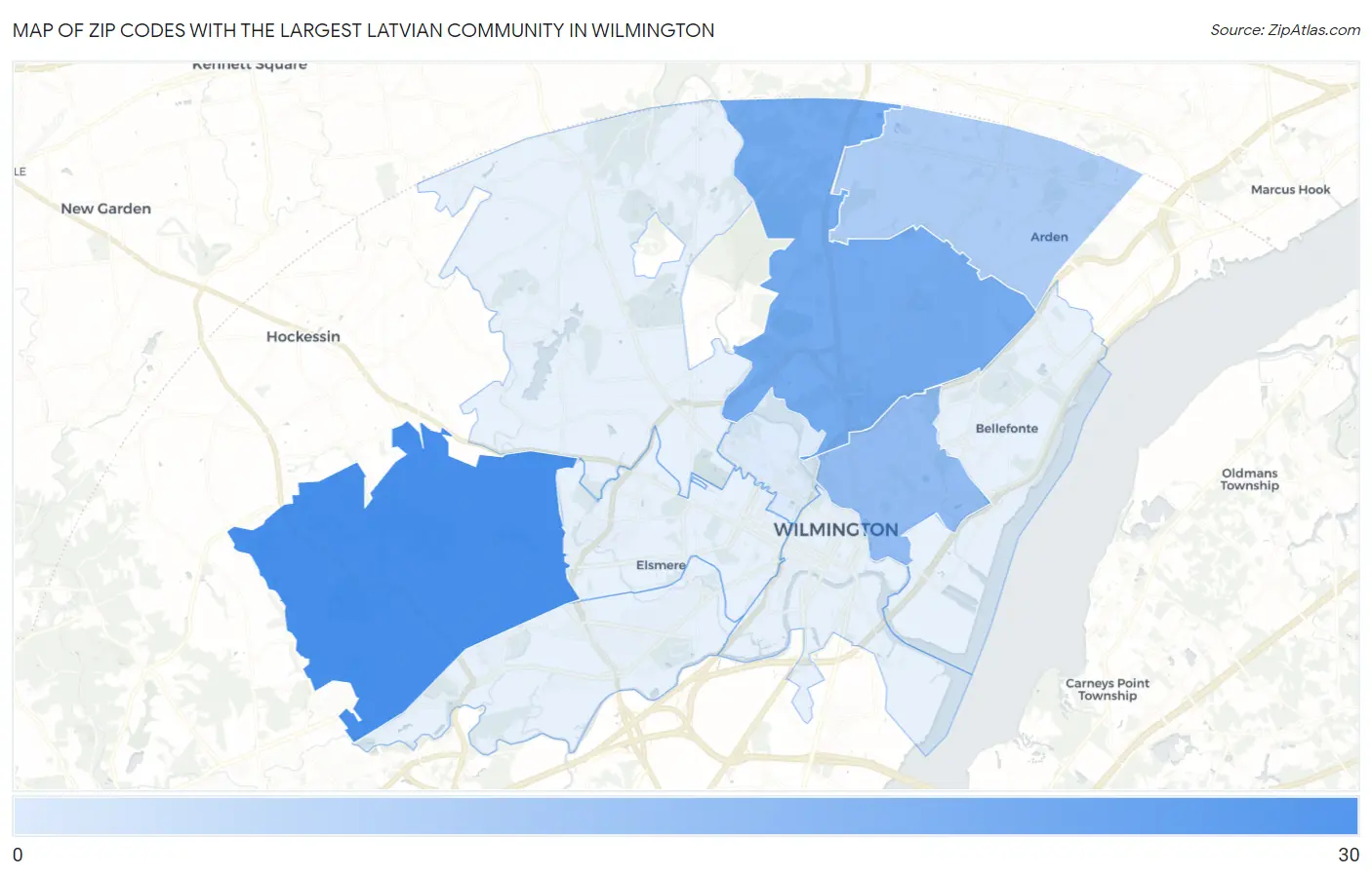 Zip Codes with the Largest Latvian Community in Wilmington Map