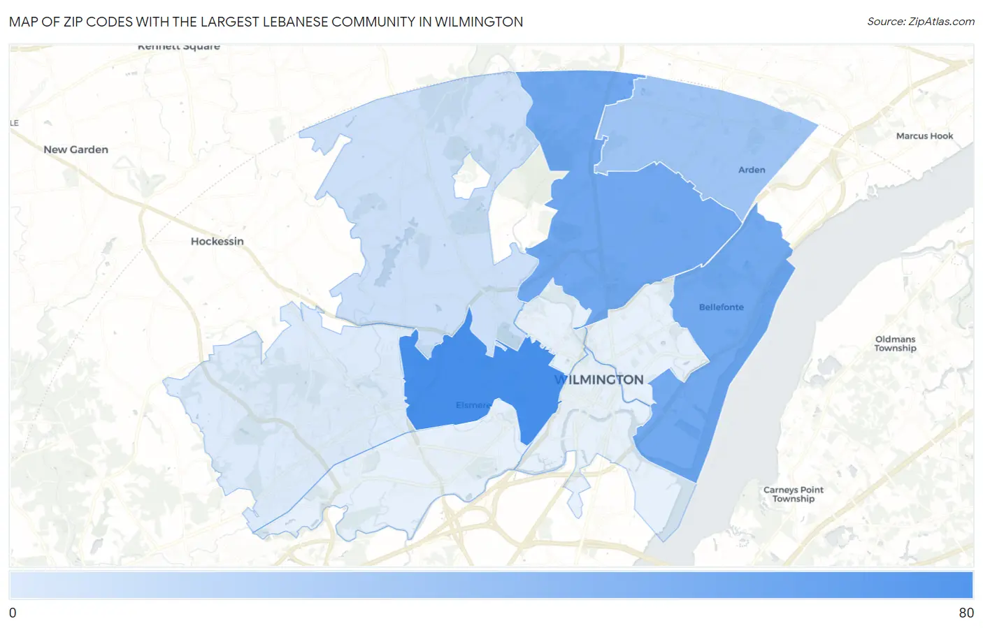 Zip Codes with the Largest Lebanese Community in Wilmington Map