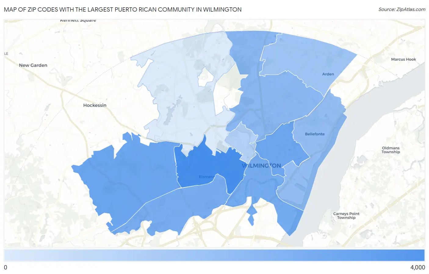 Zip Codes with the Largest Puerto Rican Community in Wilmington Map