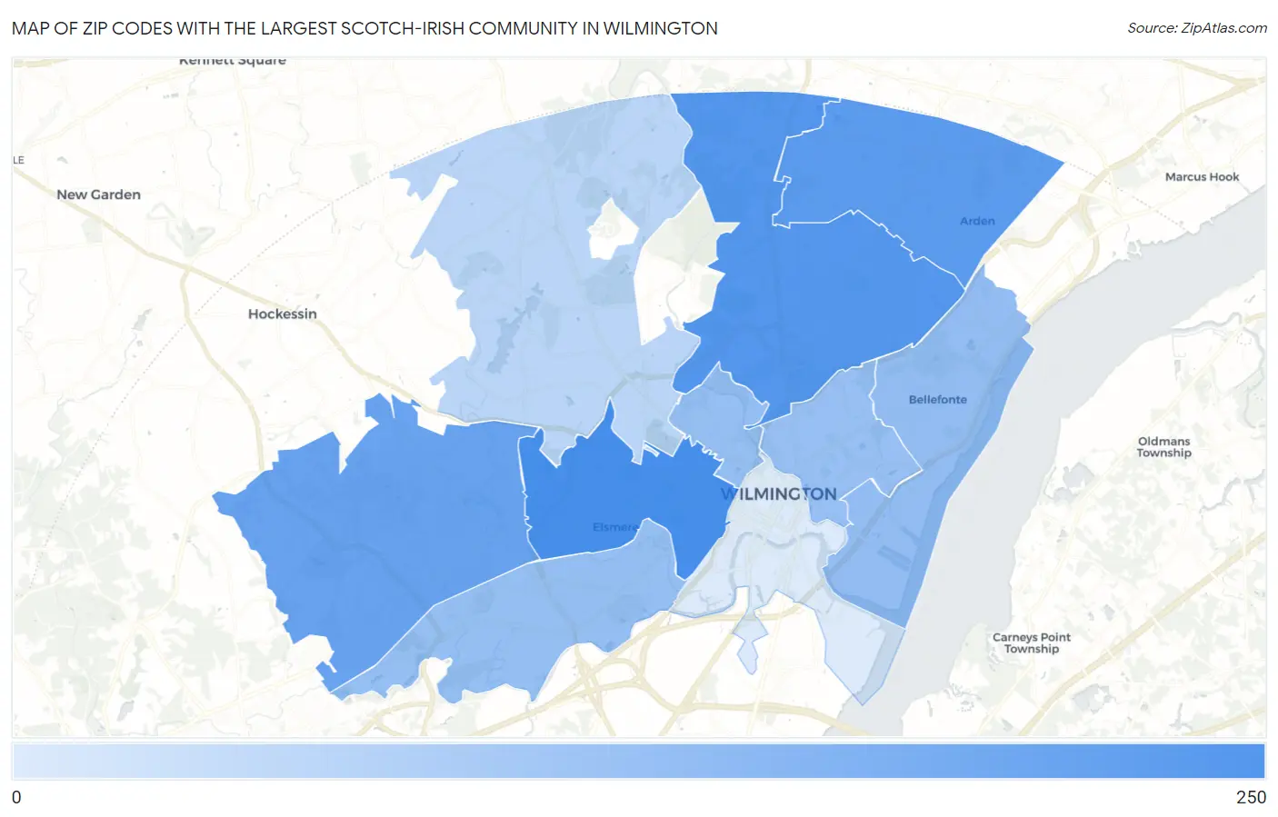 Zip Codes with the Largest Scotch-Irish Community in Wilmington Map