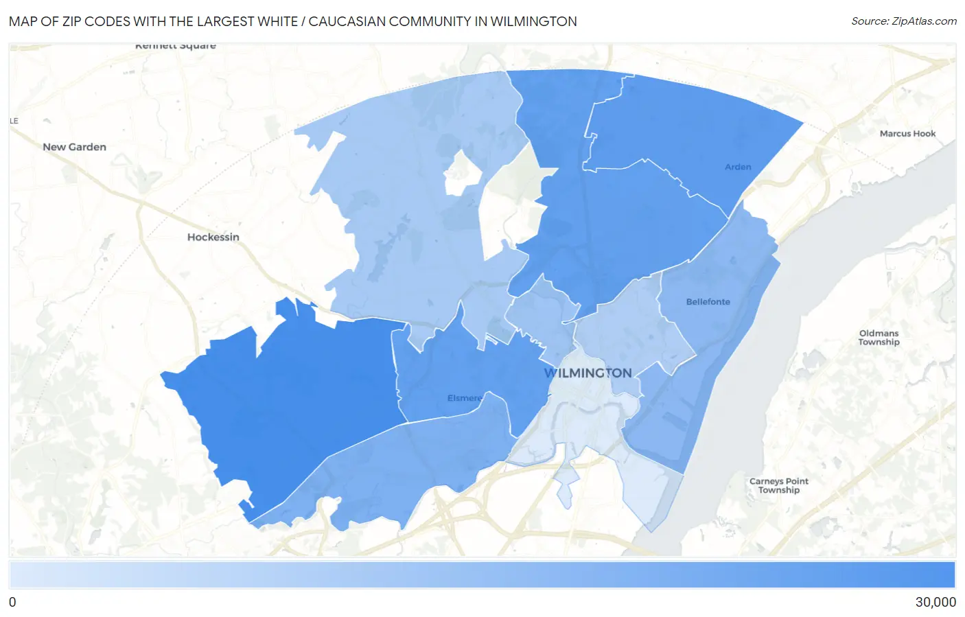 Zip Codes with the Largest White / Caucasian Community in Wilmington Map