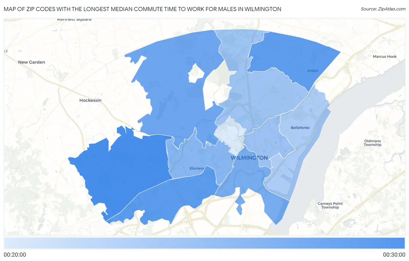 Zip Codes with the Longest Median Commute Time to Work for Males in Wilmington Map