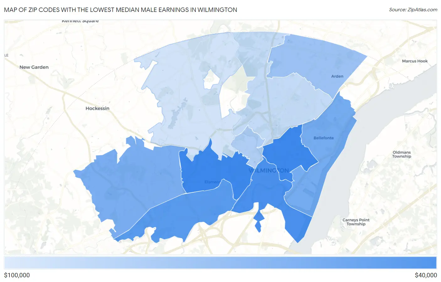 Zip Codes with the Lowest Median Male Earnings in Wilmington Map