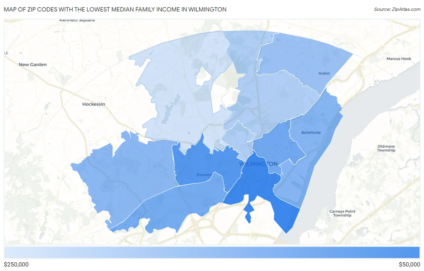 Zip Codes with the Lowest Median Family Income in Wilmington Map