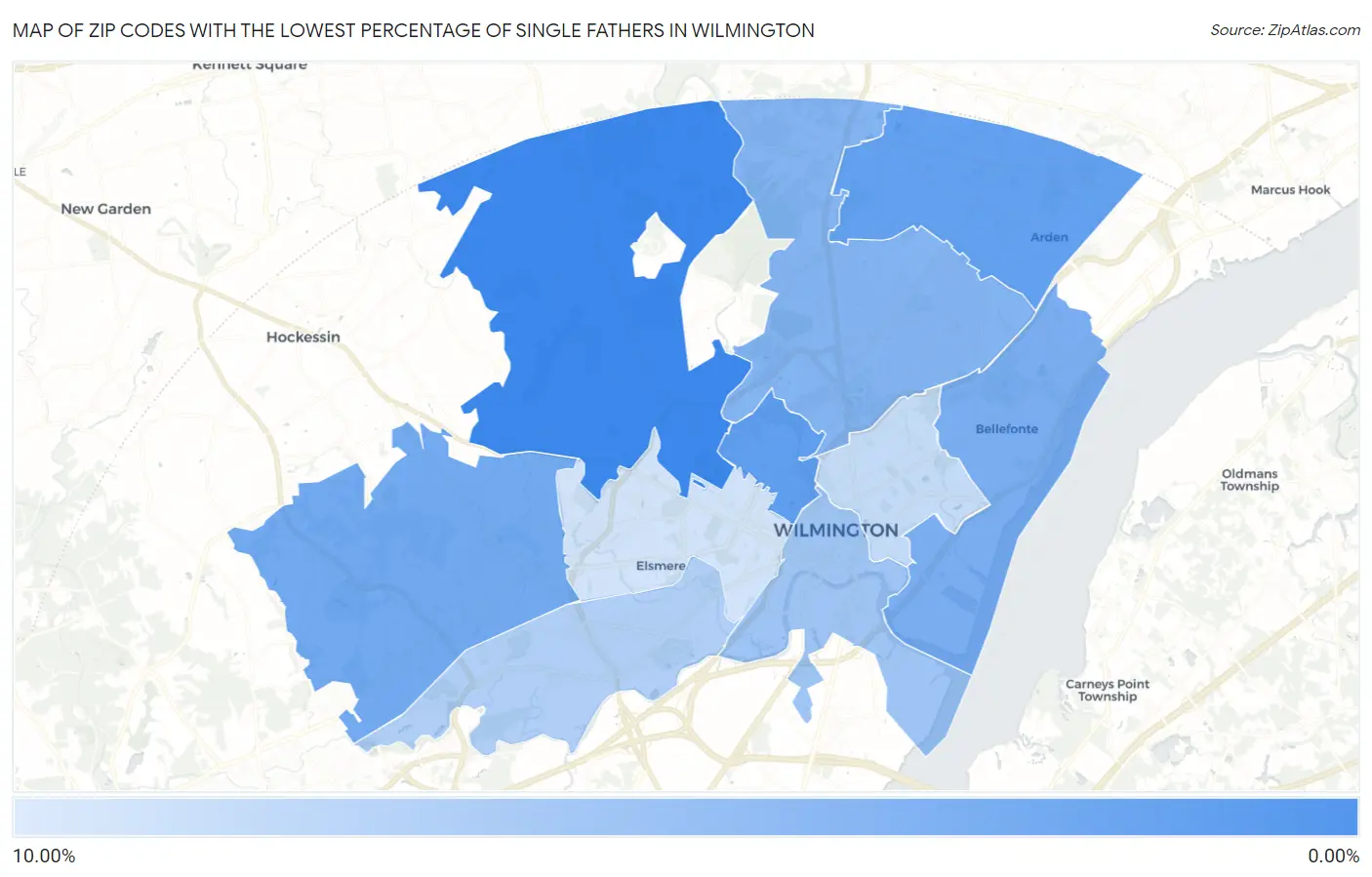 Zip Codes with the Lowest Percentage of Single Fathers in Wilmington Map